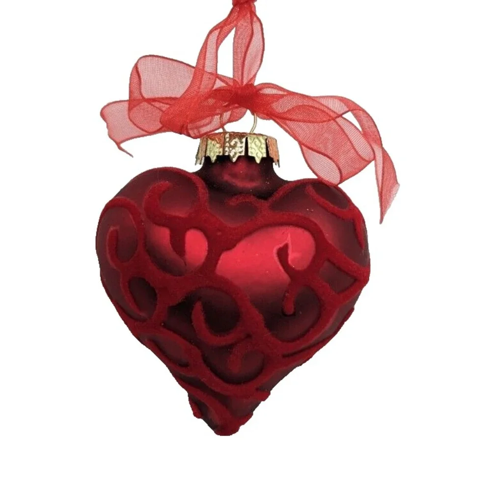 Red Heart Shaped Ornament with Flocked‎ Design